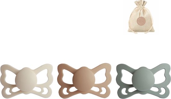 Frigg butterfly spenen siliconen anatomisch T2 (6-18 maanden) + speenzakje - Cream, sage en silky satin - fopspenen van FRIGG