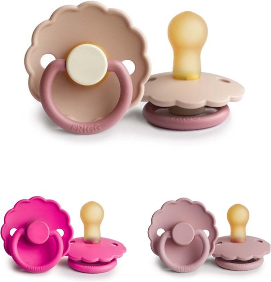 Frigg Daisy Fopspeen set 3 stuks Fuchsia,Baby Pink en Bloom Peony 0-6 maand maat 1 van FRIGG