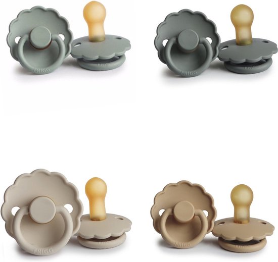 FRIGG DAISY Fopspeen set 4 stuks French Gray,Croissant,Sandstone en Sage 6-18 maand van FRIGG