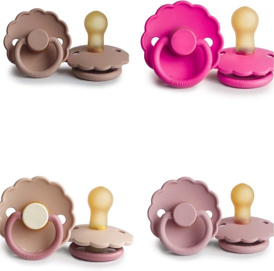 Frigg Daisy Fopspeen set 4 stuks Fuchsia,Baby Pink,Blush en Bloom Peony 6-18 maand maat 2 van FRIGG