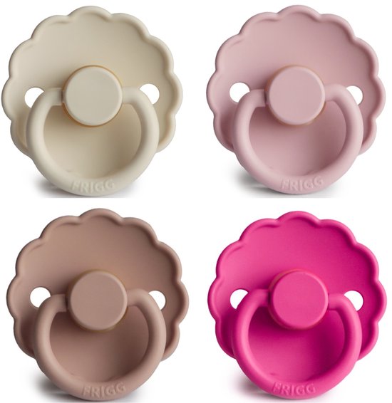 FRIGG DAISY Fopspeen set 4 stuks - Latex - Maat 2 - vanaf 6 maanden - Croisant - Blush - Cream - Fuchsia van Merkloos