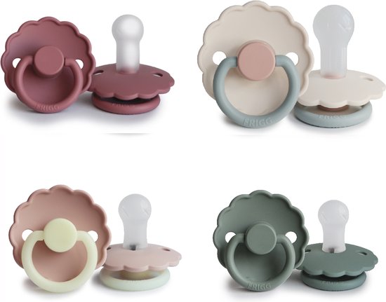 FRIGG DAISY Fopspeen set 4 stuks - Siliconen - Maat 2 - vanaf 6 maanden - Lily Pad - Cedar - Cotton Candy - Blush Night van FRIGG