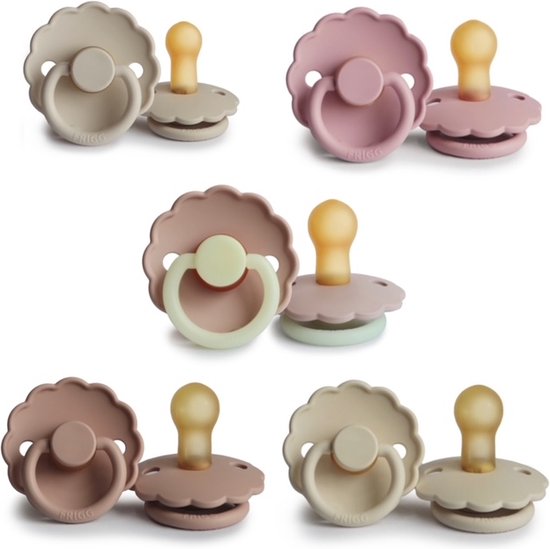 FRIGG DAISY Fopspeen set 5 stuks Baby Pink,Cream,Powder Blush,Sandstone en Blush Night Glow 0-6 maand van FRIGG