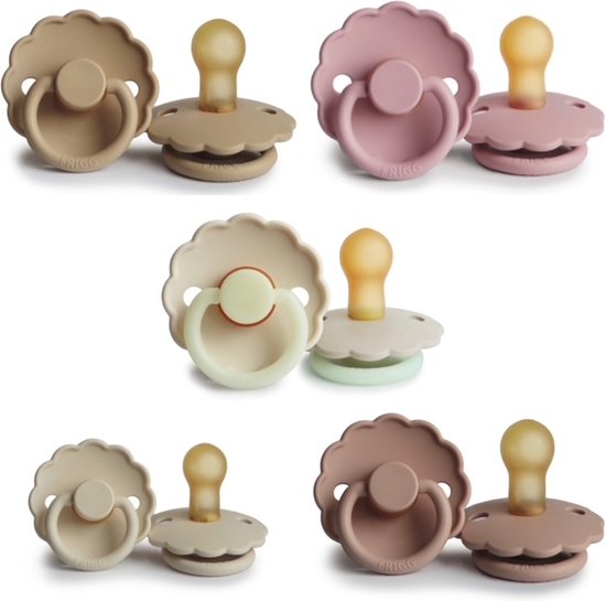 FRIGG DAISY Fopspeen set 5 stuks Croissant,Baby Pink,Blush,Cream en Cream Night Glow 0-6 maand van FRIGG