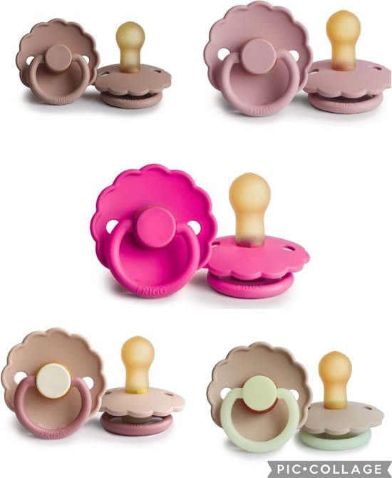 Frigg Daisy Fopspeen set 5 stuks Fuchsia,Baby Pink,Blush,Blush Glow en Bloom Peony 6-18 maand maat 2 van FRIGG