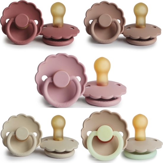 FRIGG DAISY Fopspeen set 5 stuks Powder Blush,Baby Pink,Blush,Cream en Croissant night Glow 0-6 maand van FRIGG