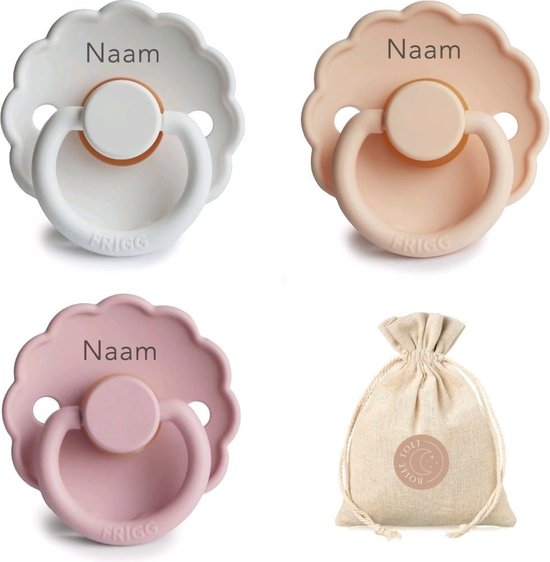 Frigg Daisy fopspenen met naam - T2- Baby pink, Bright white en Pink cream - 6-18 maanden - spenen - speen - fopspeen - BolleToet speenzakje van FRIGG