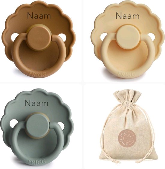 Frigg Daisy fopspenen met naam - T2- Cappuccino, Lily pad, Pale Daffodil - 6-18 maanden - spenen - speen - fopspeen - BolleToet speenzakje van FRIGG