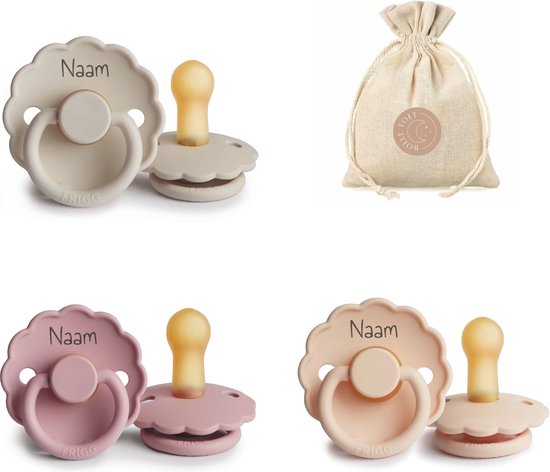 FRIGG Daisy met naam T2 - Sandstone, Baby pink en Pink cream + Bolletoet speenzakje - 6-18 maanden van FRIGG