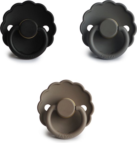 Frigg fopspeen - maat 1 0-6 maanden - 3 stuks - daisy - graphite - portobello - jet black• van FRIGG