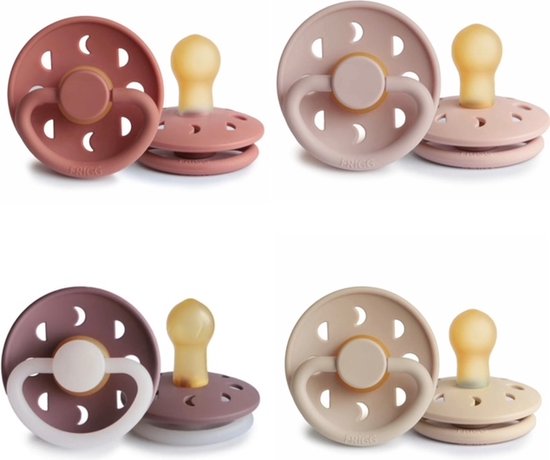 Frigg Moon Fopspeen set 4 stuks Powder Blush,Blush,Twilight Mauve Moon Night en Croissant 0-6 maand maat 1 van FRIGG