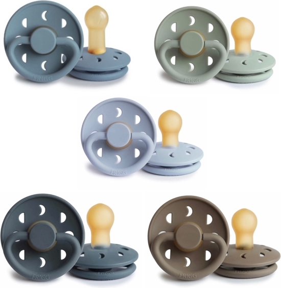 Frigg Moon Fopspeen set 5 stuks Sage,Powder Blue,Stone Blue,Slate en Portobello 0-6 maand maat 1 van FRIGG