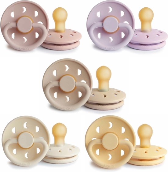 Frigg Moon Fopspeen set 5 stuks Soft Lilac,Blush,Croissant,Cream en Pale Daffodil 6-18 maand maat 2 van FRIGG