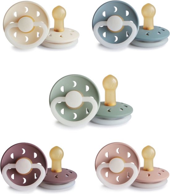 Frigg Moon Night Fopspeen set 5 stuks Cream Night,Blush Night,Sage Night,Stone Blue Night en Twilight Mauve Moon Night 0-6 maand maat 1 van FRIGG