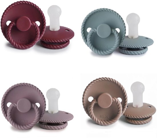 FRIGG ROPE Fopspeen set 4 stuks - Siliconen - Maat 2 - vanaf 6 maanden - Sepia - Twilight Mauve - Sweet Cherry - Stone Blue van FRIGG