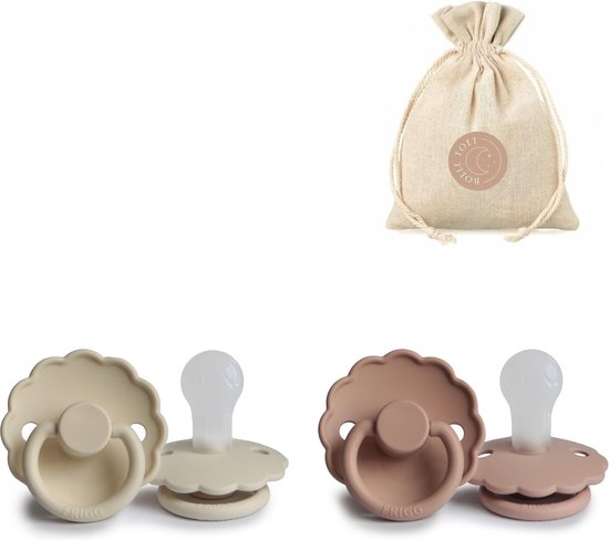 Frigg spenen daisy - siliconen - T1 - blush & cream - 0-6 maanden + BolleToet speenzakje van FRIGG