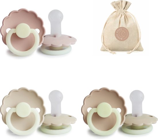Frigg spenen daisy - siliconen T2 6-18 maanden - glow in the dark : cream, croissant en blush + BolleToet zakje van Merkloos