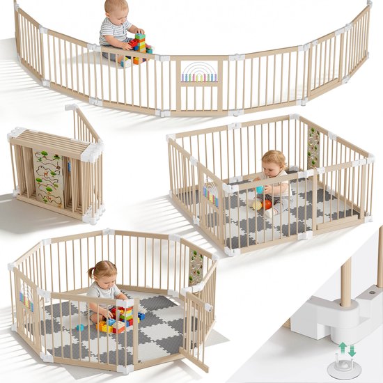 Froadp Houten babybox met speelcentrum, speelbox voor baby's en peuters, opvouwbare houten speelbox, speelhek met poortje voor baby's en peuters, veilig veiligheidshekje