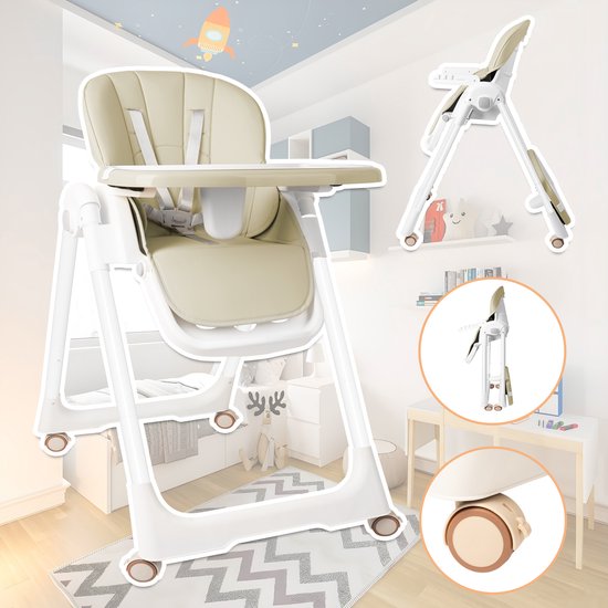Froadp Opvouwbare kinderstoel voor baby's Kinderstoel Met bekleding, dubbele tafelplaat, 5-puntsgordel, in hoogte verstelbare tafelplaat Opvouwbare babystoel Babyzitje vanaf 6 maanden Kinderen - Type A Beige