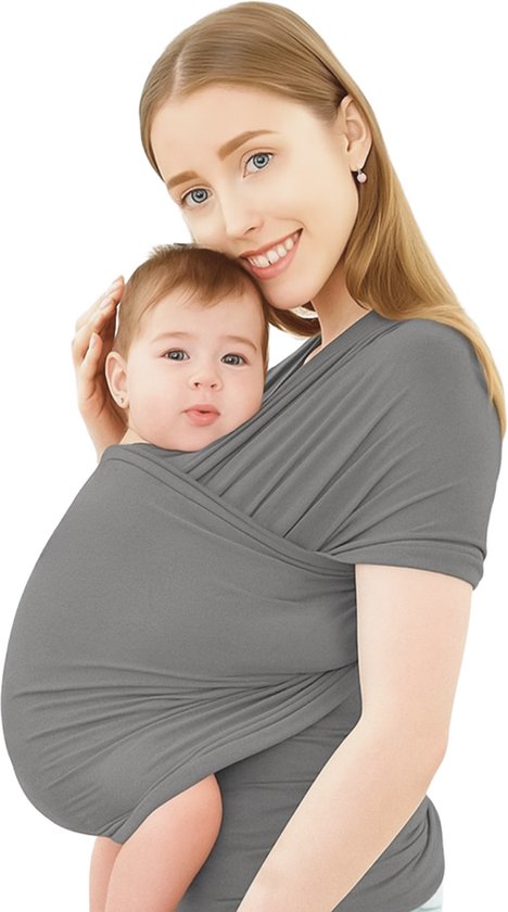 FRONT - Draagdoek voor Baby – Zwangerschapsdoek - Rekbaar & Comfortabel – 100% Katoen – Newborn tot 20 kg – Buik & Heupdragen – 0 tot 3 Jaar – grijs – Unisex
