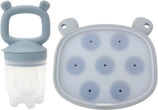 Fruitspeen Beer Met Ijsblokjesbakje Set - Baby Fruitspeen - Fruit Zuiger - Baby Speen - Fruit of Groente - 100% Siliconen - Babyhapjes bewaarbakje - Grijs-Blauw