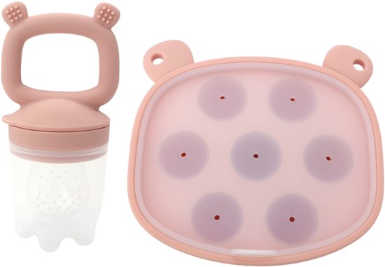 Fruitspeen Beer Met Ijsblokjesbakje Set - Baby Fruitspeen - Fruit Zuiger - Baby Speen - Fruit of Groente - 100% Siliconen - Babyhapjes bewaarbakje - Natuurlijk Roze
