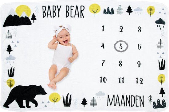 Frummel Mijlpaaldeken ‘Bear’ - Milestone deken - Mijlpaal baby - Kraamcadeau Jongen - Kraamcadeau Meisje - Baby Shower Cadeau - Baby Cadeau - Mijlpaaldeken in het Nederlands - Moederdag cadeau - 100 x 150 cm van Frummel