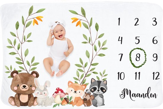 Frummel Mijlpaaldeken ‘Beestenboel’ - Milestone deken - Mijlpaal baby - Kraamcadeau Jongen - Kraamcadeau Meisje - Baby Shower Cadeau - Baby Cadeau - Mijlpaaldeken in het Nederlands - Moederdag cadeau - 100 x 150 cm van Frummel