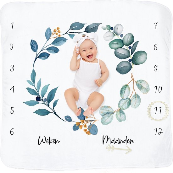 Frummel Mijlpaaldeken ‘Leaves’ - Milestone deken - Mijlpaal baby - Kraamcadeau Jongen - Kraamcadeau Meisje - Baby Shower Cadeau - Baby Cadeau - Mijlpaaldeken in het Nederlands - Moederdag cadeau - 115 x 115 cm van Frummel