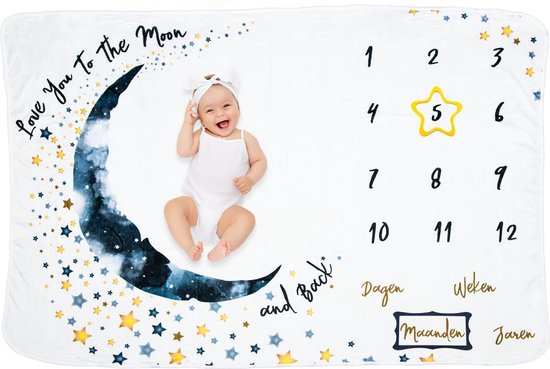 Frummel Mijlpaaldeken ‘Maan’ - Milestone deken - Mijlpaal baby - Kraamcadeau Jongen - Kraamcadeau Meisje - Baby Shower Cadeau - Baby Cadeau - Mijlpaaldeken in het Nederlands - Moederdag cadeau - 100 x 150 cm van Frummel