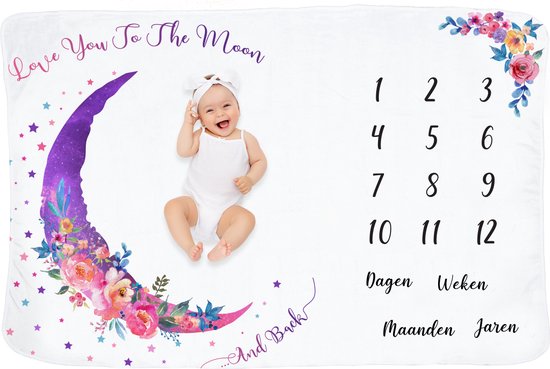Frummel Mijlpaaldeken ‘Roze Maan’ - Milestone deken - Mijlpaal baby - Kraamcadeau Jongen - Kraamcadeau Meisje - Baby Shower Cadeau - Baby Cadeau - Mijlpaaldeken in het Nederlands - Moederdag cadeau - 100 x 150 cm van Frummel