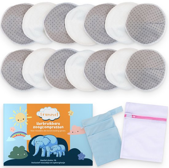 Frummel Zoogcompressen - Zoogcompressen wasbaar - Antislip - Herbruikbaar - Inclusief Transporttasje en Waszakje - 14 stuks - Grijs/Wit van Merkloos