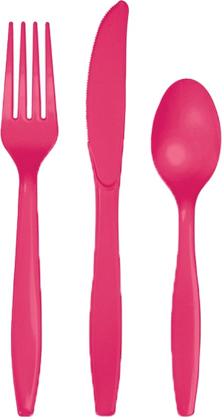 Fuchsia roze plastic bestek setje 48-delig - messen/vorken/lepels - herbruikbaar - Verjaardag feest of BBQ van SmileServe