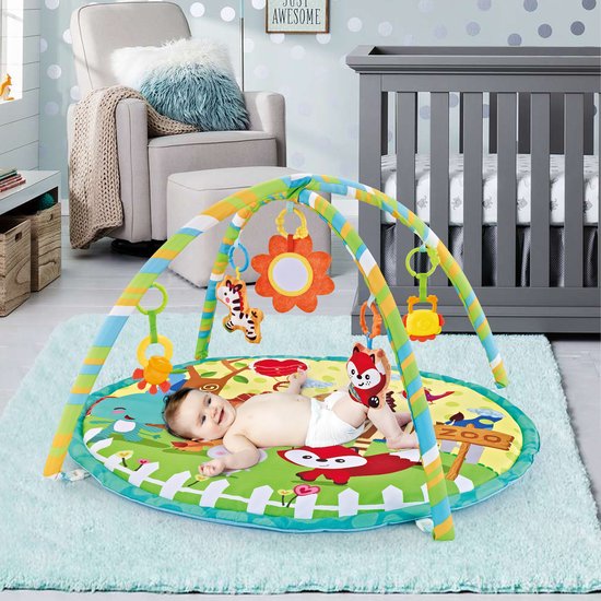 FUEGOBIRD - Baby Play Mat - Colorful Zoo - Deluxe Gym - Color Interaction and Grasping toys - Beautiful sound - Developmental play for babies from 2 months+ - Round van Merkloos