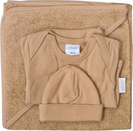 Funnies- baby cadeau set- Kraamcadeau - Badcape - Baby romper – baby muts - Geboortecadeau - Baby cadeau – warm sand van Funnies