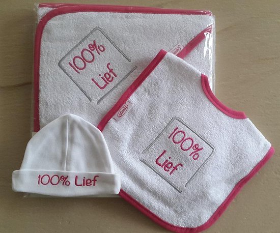 Funnies Babysetje 100% Lief Wit/Fuchia - badcape/slabbertje/mutsje van Funnies.