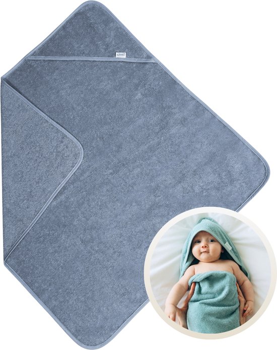 Funnies Badcape Grey Blue 100x100 cm - 100% Katoenen Badstof - Zachte en Absorberende Baby Badcape - Handdoek met Capuchon - Grote Omslagdoek - Dikke Badstof - Voor na het Badderen - Makkelijk Wasbaar en Geschikt voor Gevoelige Huid van Funnies.