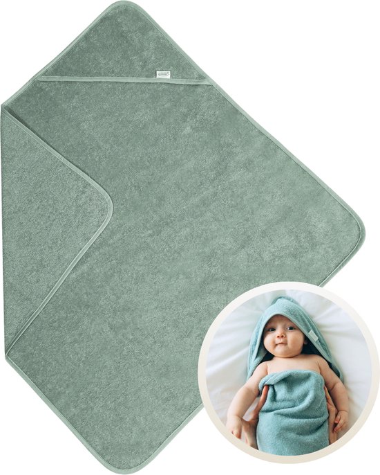 Funnies Badcape Stone Green 100x100 cm - 100% Katoenen Badstof - Zachte en Absorberende Baby Badcape - Handdoek met Capuchon - Grote Omslagdoek - Dikke Badstof - Voor na het Badderen - Makkelijk Wasbaar en Geschikt voor Gevoelige Huid van Funnies.