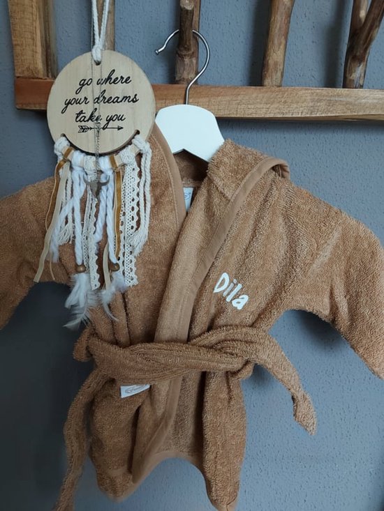 Funnies Badjas Baby Katoen 0-12 maanden zandkleur MET NAAM gepersonaliseerd van Funnies.