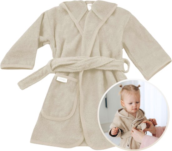 Funnies Badjas Sandstone Grey 1-2 Jaar Baby Badjas, Badjas Kinderen, Peuterbadjas - 100% Katoenen Badstof - Zacht en Absorberend - Perfect na Zwemmen, Douchen of Badderen - Ideaal als Cadeau voor Baby’s en Kinderen