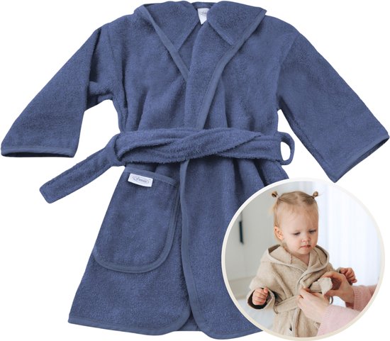 Funnies Badjas Silk Blue 1-2 Jaar Baby Badjas, Badjas Kinderen, Peuterbadjas - 100% Katoenen Badstof - Zacht en Absorberend - Perfect na Zwemmen, Douchen of Badderen - Ideaal als Cadeau voor Baby’s en Kinderen
