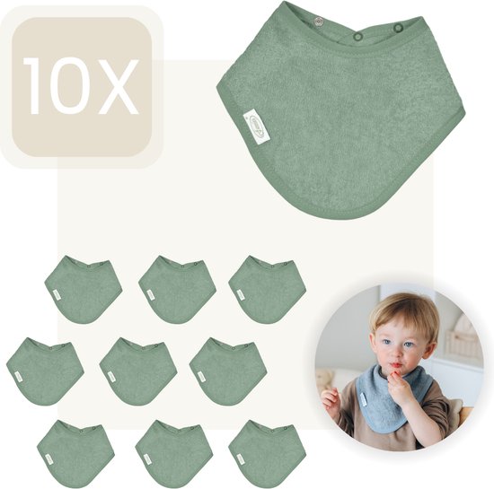 Funnies Bandana Slabbetjes 10 Stuks Stone Green - Set van 10 Zachte Slabbetjes - Kwijldoekjes - Spuugdoekjes - Gemaakt van 100% Katoenen Badstof - Absorberend, Zacht en Makkelijk Wasbaar - Ideaal voor Baby’s bij Voeden, Kwijlen en Spugen van Funnies