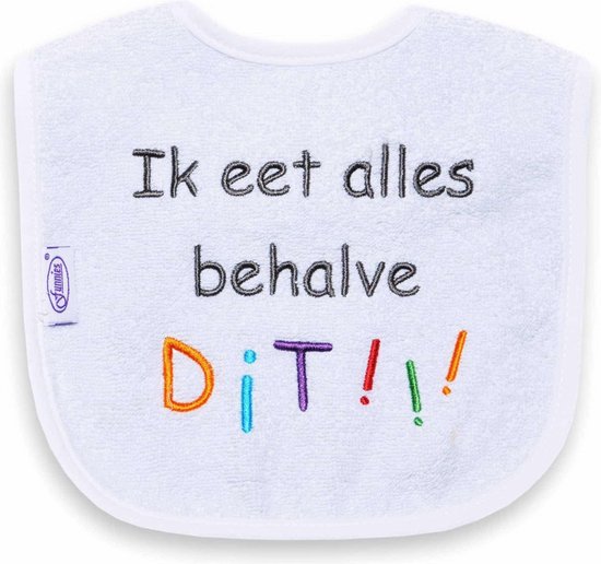 Funnies geborduurd tekst slabbetje: Ik eet alles behalve dit! van Funnies