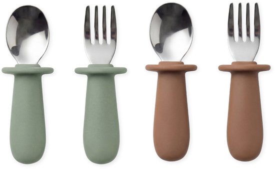 Funnies Kinderbestek 4-delig - Babybestek met 2 Lepels & 2 Vorken - Siliconen & RVS - BPA-vrij en Veilig - Voor Baby’s & Peuters - Ideaal voor Eten & Hapjes - Duurzaam Design - Caramel & Stone Green van Merkloos