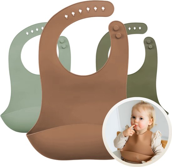 Funnies Siliconen Aardetinten Slab 3-Pack - Set van 3 Slabbetjes - Slabbers met Opvangbakje - 30 x 24cm - Zacht, Flexibel en Makkelijk Schoon te Maken - Verstelbare Pasvorm voor Baby’s en Peuters - Ideaal voor Voeden zonder Knoeien van Funnies.