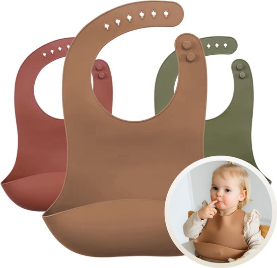 Funnies Siliconen Aardetinten Slab 3-Pack - Set van 3 Slabbetjes - Slabbers met Opvangbakje - 30 x 24cm - Zacht, Flexibel en Makkelijk Schoon te Maken - Verstelbare Pasvorm voor Baby’s en Peuters - Ideaal voor Voeden zonder Knoeien van Funnies.