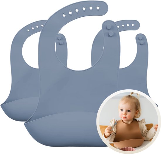 Funnies Siliconen Grey Blue Slab 3-Pack - Set van 3 Slabbetjes - Slabbers met Opvangbakje - 30 x 24cm - Zacht, Flexibel en Makkelijk Schoon te Maken - Verstelbare Pasvorm voor Baby’s en Peuters - Ideaal voor Voeden zonder Knoeien van Merkloos