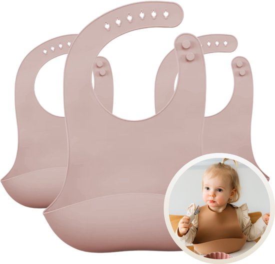 Funnies Siliconen Pinkstone Slab 3-Pack - Set van 3 Slabbetjes - Slabbers met Opvangbakje - 30 x 24cm - Zacht, Flexibel en Makkelijk Schoon te Maken - Verstelbare Pasvorm voor Baby’s en Peuters - Ideaal voor Voeden zonder Knoeien