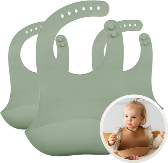 Funnies Siliconen Stone Green Slab 3-Pack - Set van 3 Slabbetjes - Slabbers met Opvangbakje - 30 x 24cm - Zacht, Flexibel en Makkelijk Schoon te Maken - Verstelbare Pasvorm voor Baby’s en Peuters - Ideaal voor Voeden zonder Knoeien
