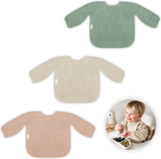 Funnies Slab met Mouwen 3-Pack Aardetinten - Set van 3 Zachte Slabbetjes voor Baby’s - 100% Katoenen Badstof - Makkelijk Wasbaar in de Wasmachine - Slabbetjes, Kwijlslab, Eet- en Speelslab - Ideaal voor Eten, Knutselen en Spelen van Funnies.